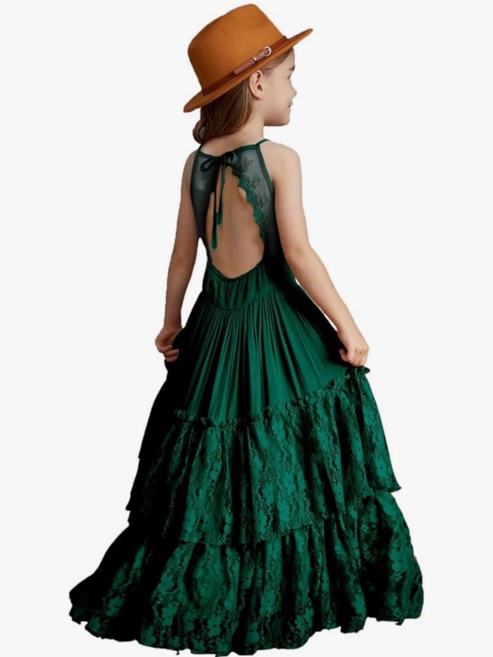 Girls' Backless Emerald Green Lace Tiered Maxi Dress